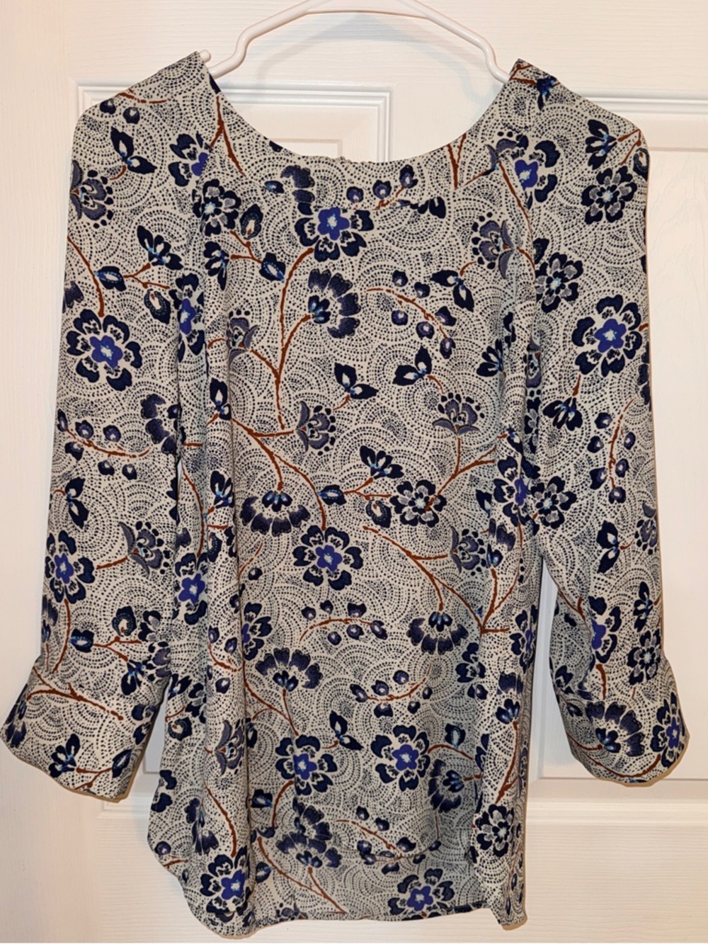 Daniel Rainn Blue and Cream Floral Long Sleeve Blouse